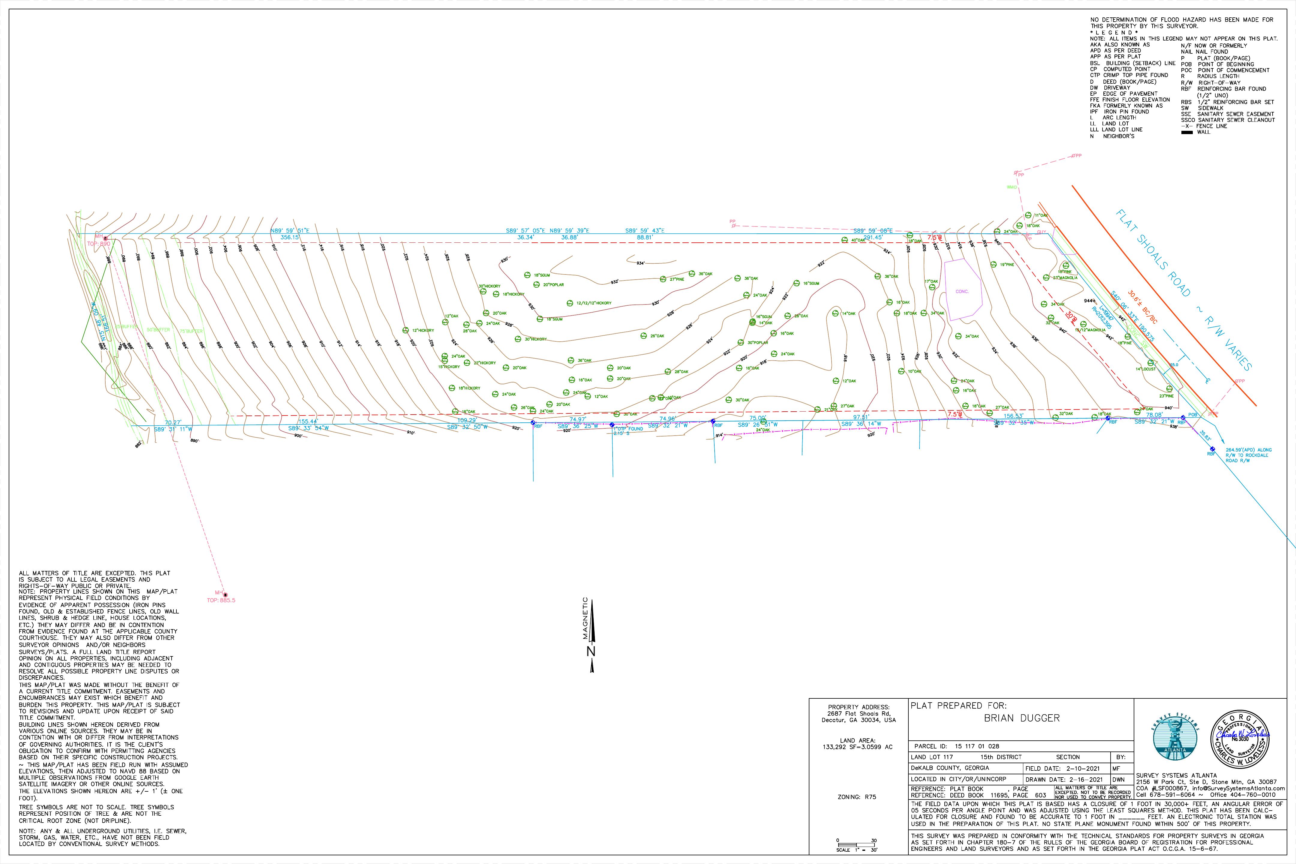 Topographic and boundary survey of 2687 Flat Shoals Road, Decatur, Georgia